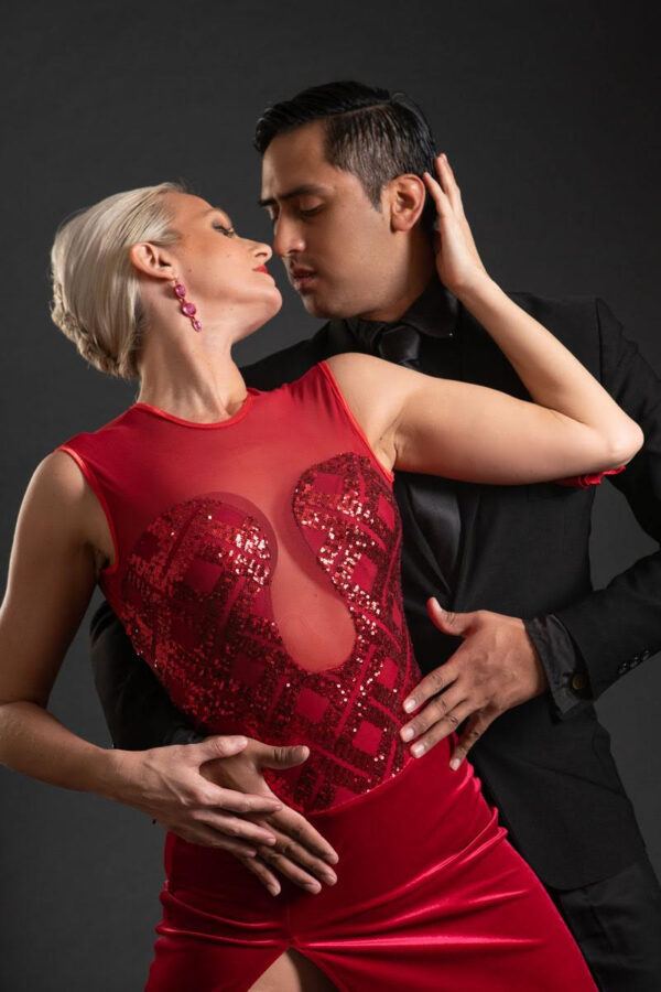 Red Plunged Neck Performance Dress